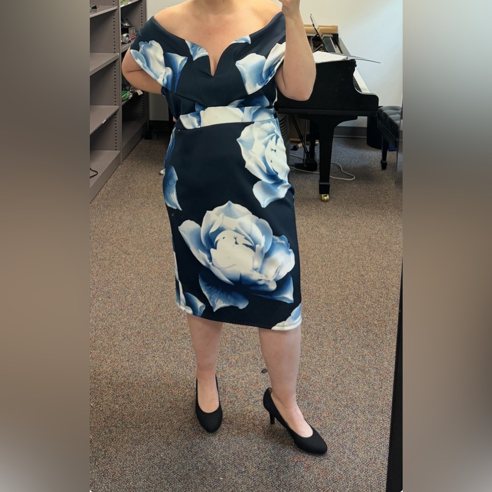 By Vinnik Blue and White Off-the-Shoulder Floral Dress
